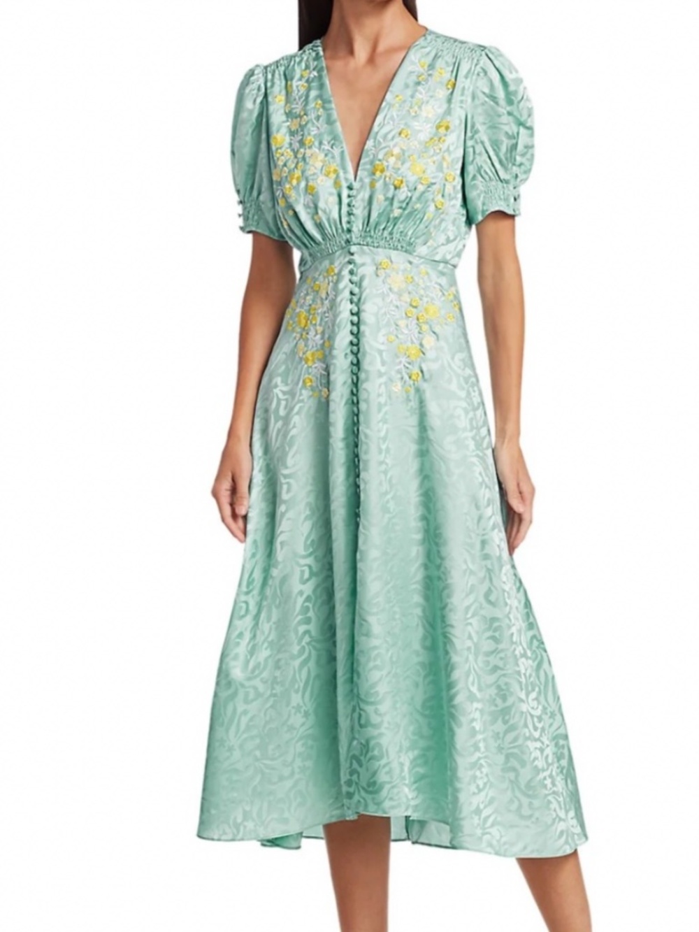 SALONI | Mint Green Midi Dress with Yellow Floral Embroidery
